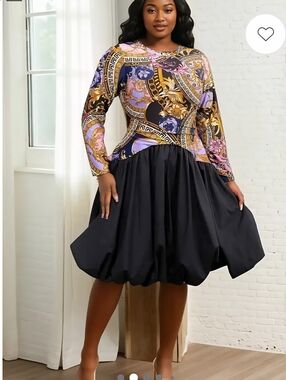 Baroque Print Top with Black Bubble Skirt Dress
